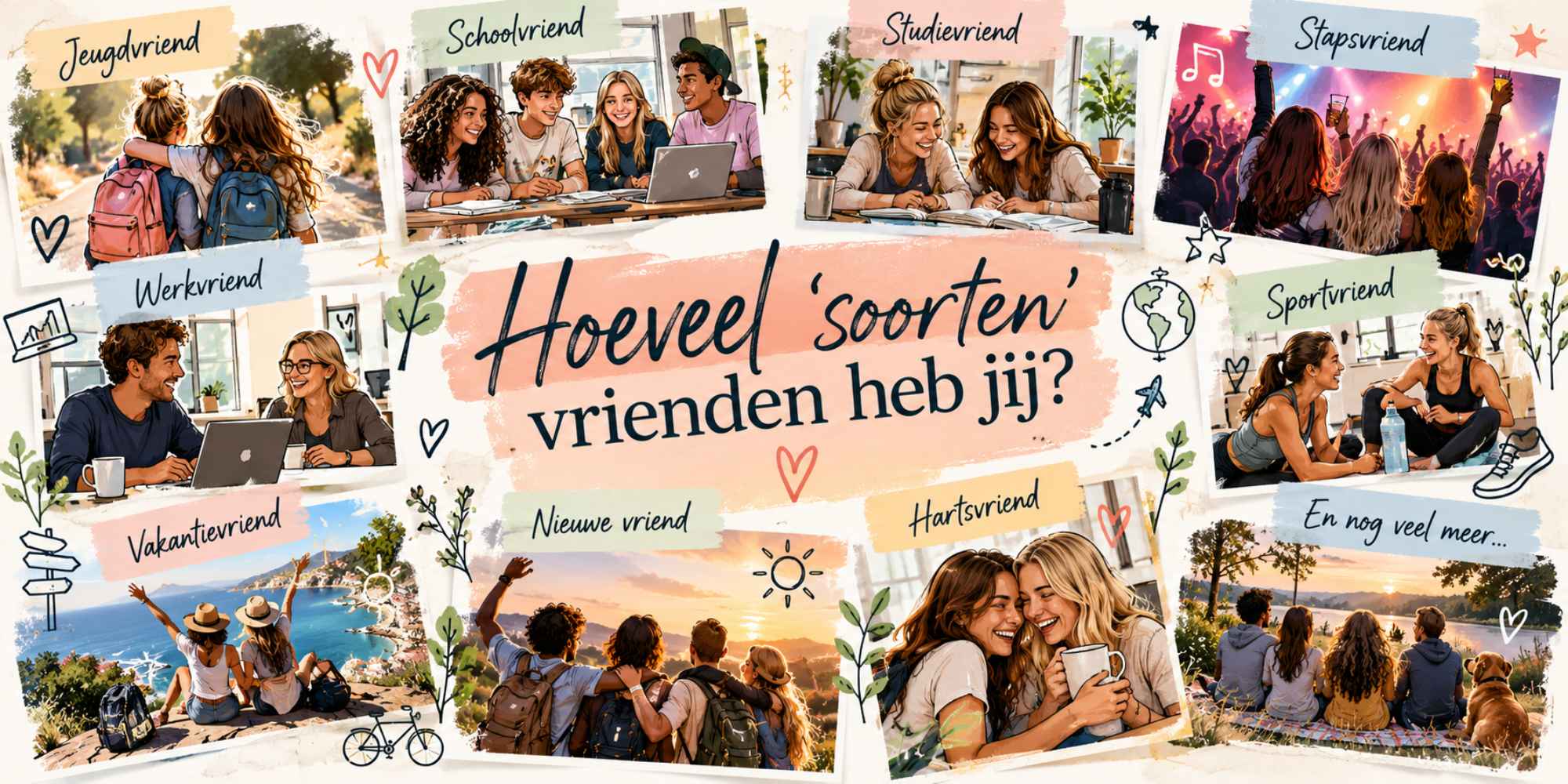 verschillende soorten vrienden zoals jeugdvrienden sportvrienden werkvrienden en vakantievrienden