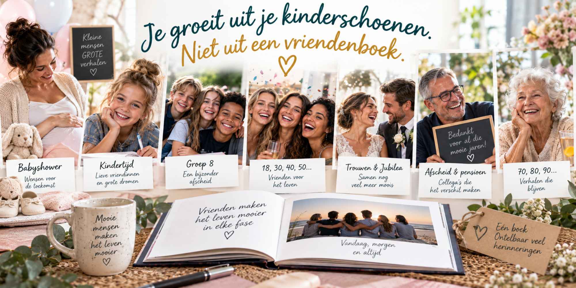 vriendenboek voor alle leeftijden van babyshower en kindertijd tot pensioen en 90 jaar