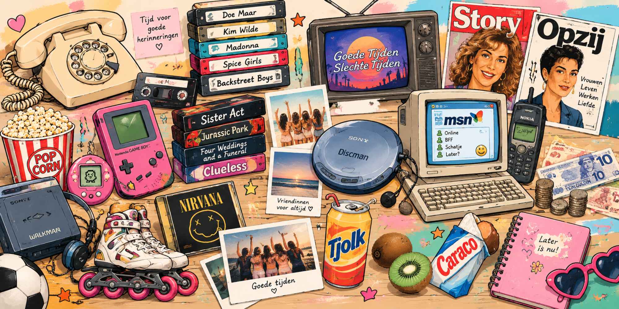 Nostalgische collage met herinneringen aan de jaren 70, 80 en 90, waaronder cassettebandjes, een telefoon met draaischijf en een Game Boy