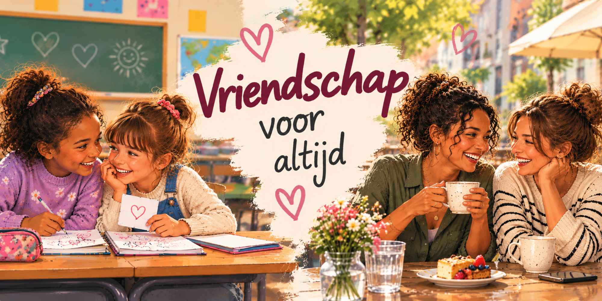 Twee vriendinnen als schoolmeisjes en jaren later als volwassen vrouwen die samen herinneringen ophalen