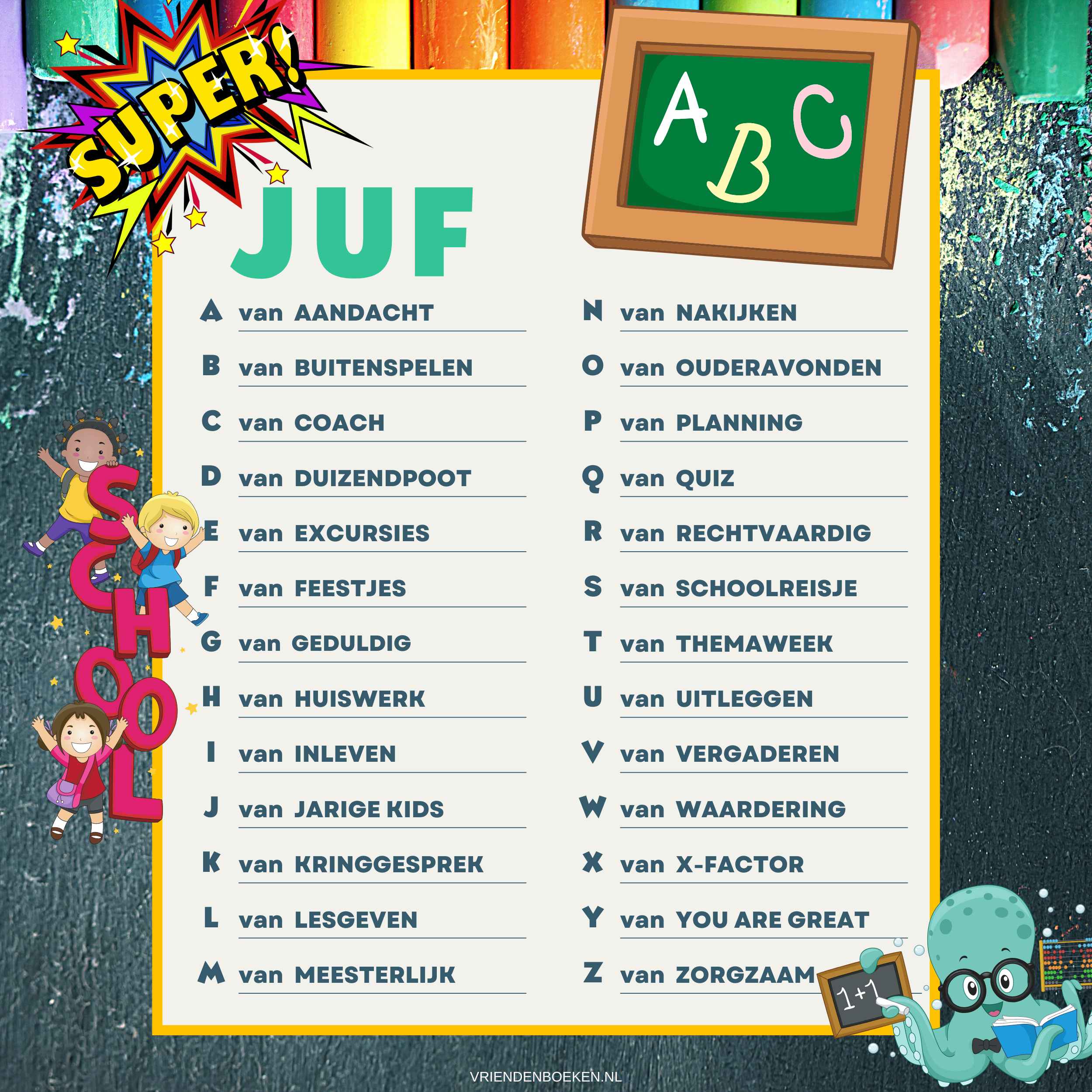 ABC ALFABET DANKJEWEL JUF BASISSCHOOL cadeau