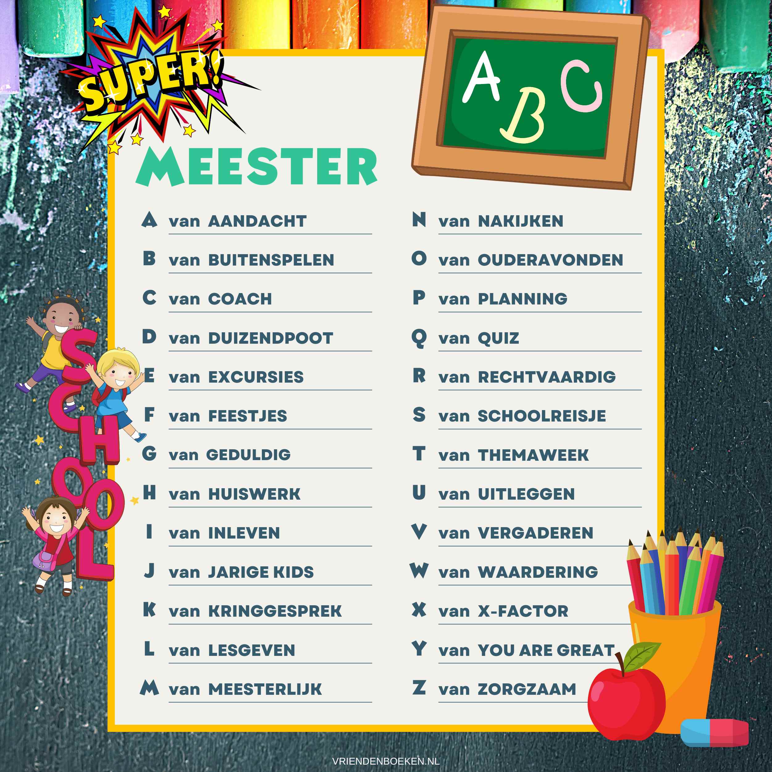 ABC ALFABET DANKJEWEL MEESTER BASISSCHOOL afscheidscadeau