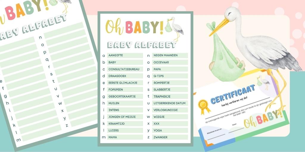 Babyshower Alfabet met gratis invulformulieren en certificaat