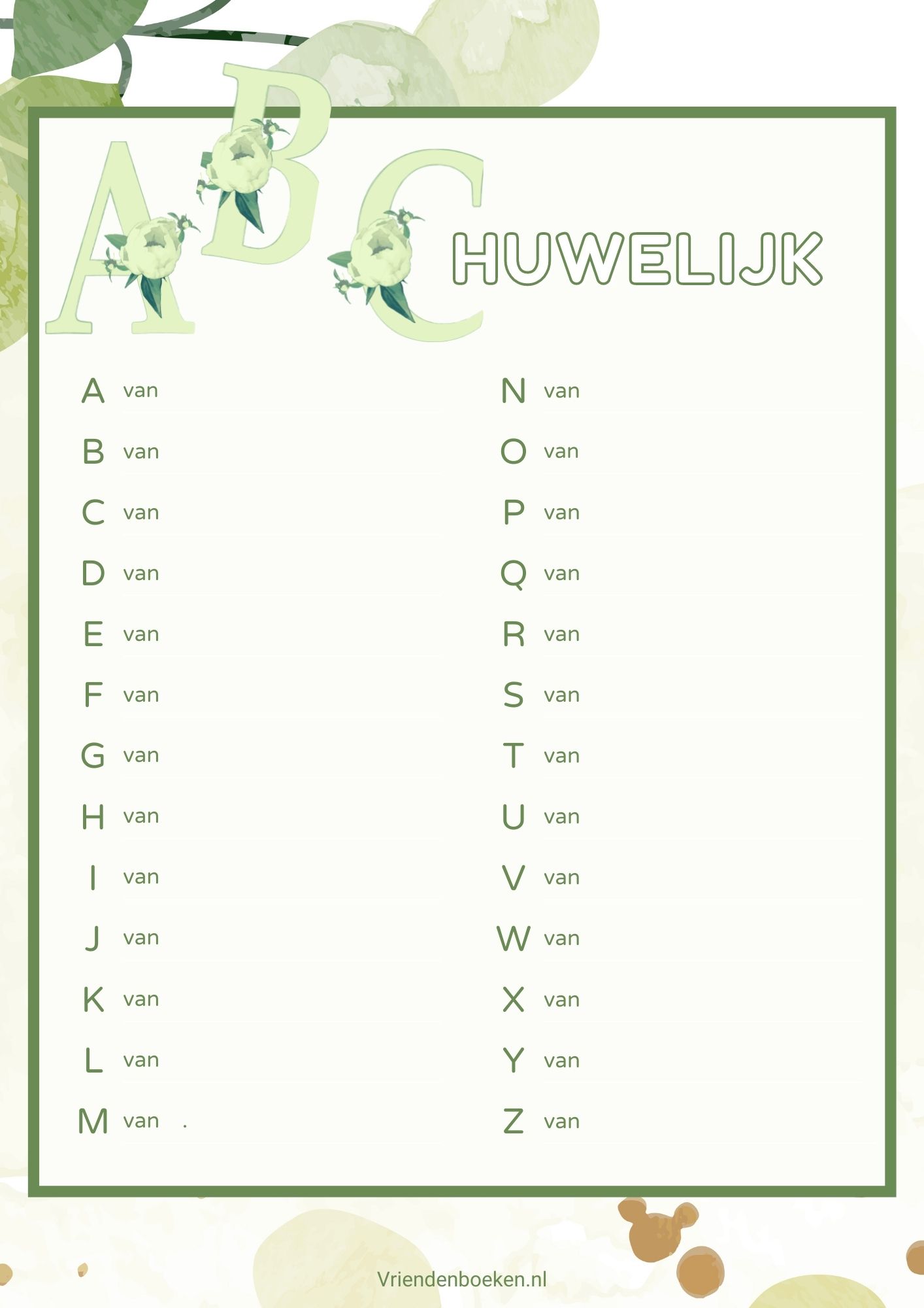 huwelijksalfabet ABctje huwelijk leeg formulier