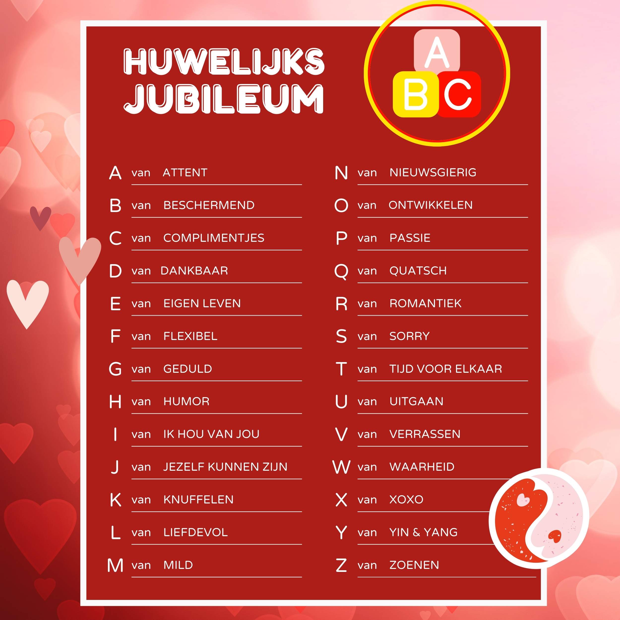 jubileum huwelijk huwelijksjubileum alfabet ABC