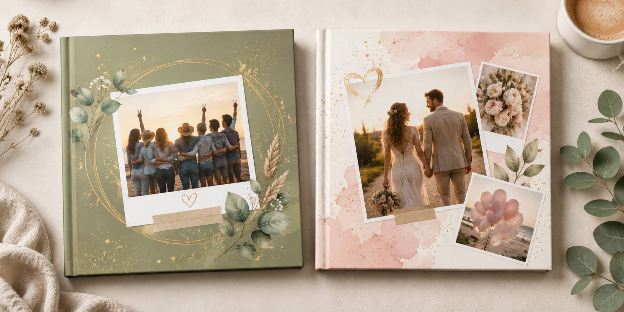 Twee voorbeelden van persoonlijk ontworpen omslagen voor een vriendenboek met eigen foto’s, kleuren en decoraties