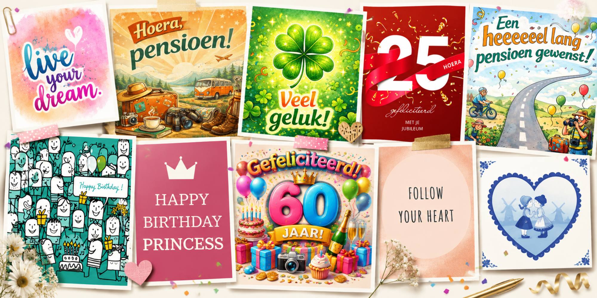 Collage met kleurrijke voorbeeldfoto’s voor een persoonlijk vriendenboek met thema’s zoals verjaardag, pensioen, jubileum en gelukswensen