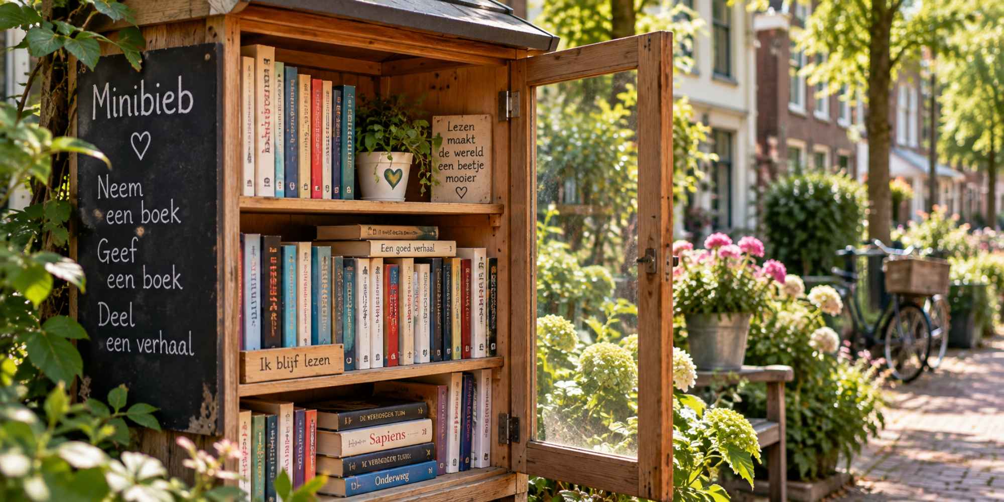 minibieb met tweedehands boeken om mee te nemen en door te geven