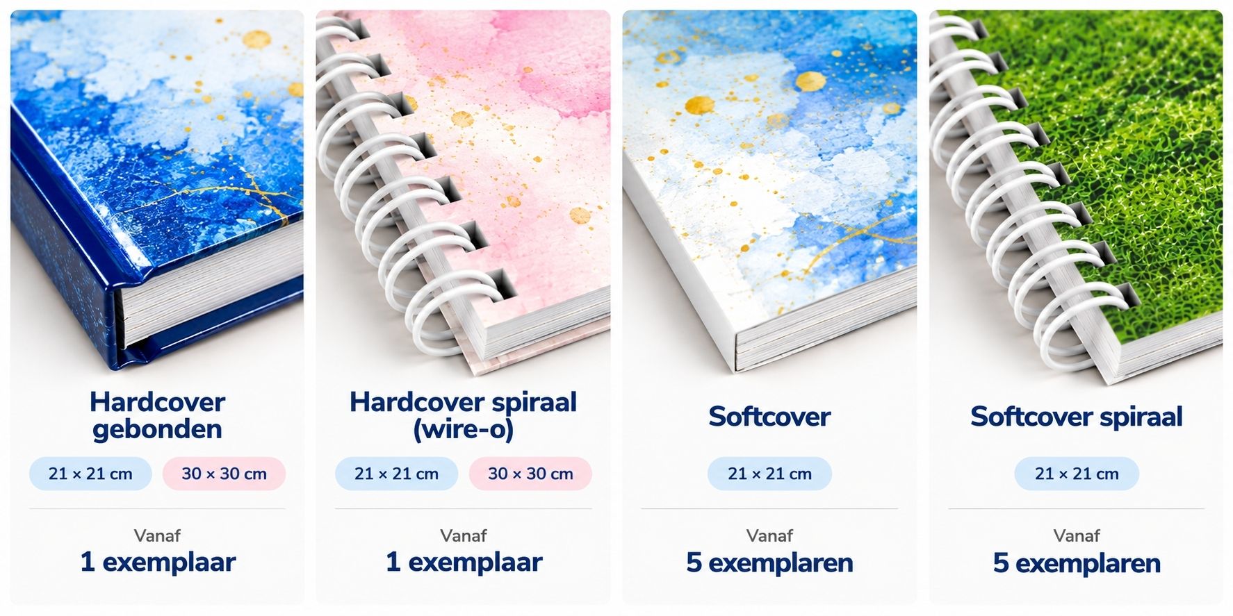 Vier uitvoeringen vriendenboeken: hardcover gebonden, hardcover spiraal, softcover en softcover spiraal