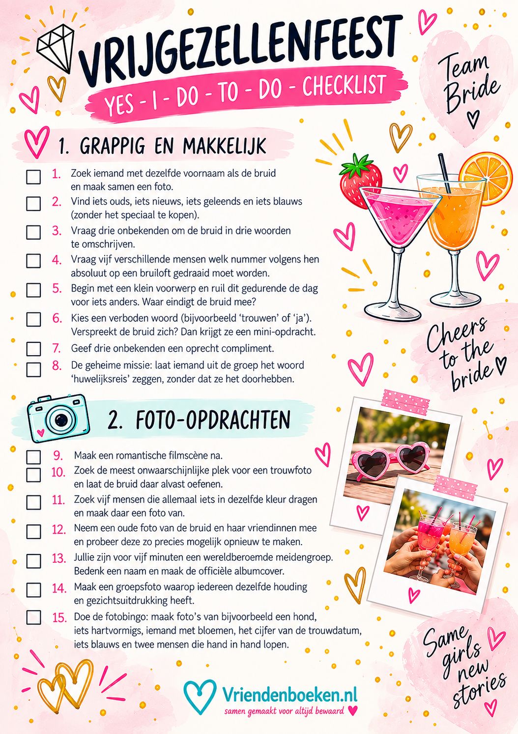 printbare checklist met leuke opdrachten voor een vrijgezellenfeest